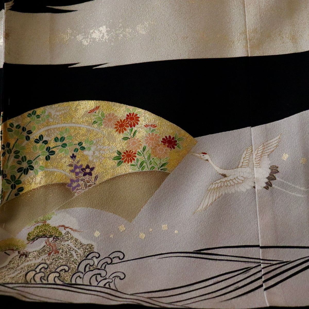 友禅 | 黒留袖 | 正絹 | 黒 | 鶴に地紙 | 吉澤織物