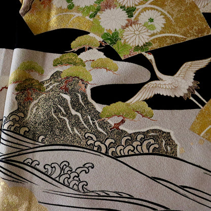 友禅 | 黒留袖 | 正絹 | 黒 | 鶴に地紙 | 吉澤織物