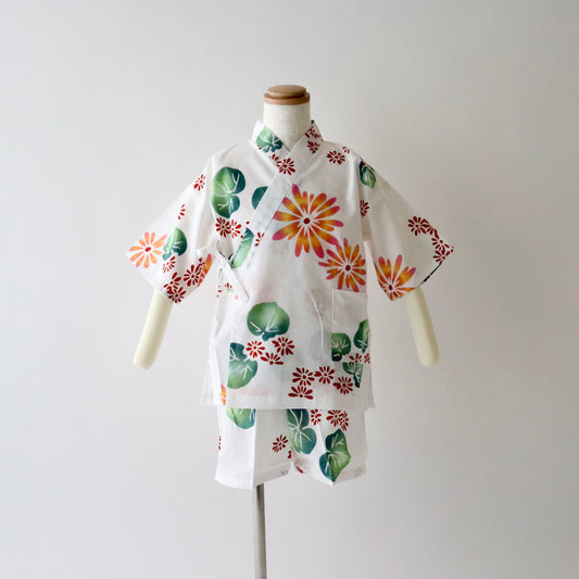 注染 | こども甚平 | 綿 | 白 | 花葉 | サイズ5号 | 竺仙
