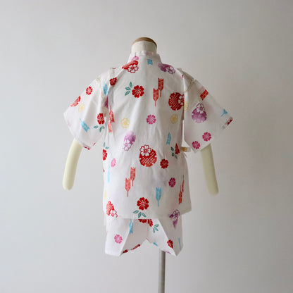 捺染 | こども甚平 | 綿 | 白 | 花と雪輪 | サイズ100